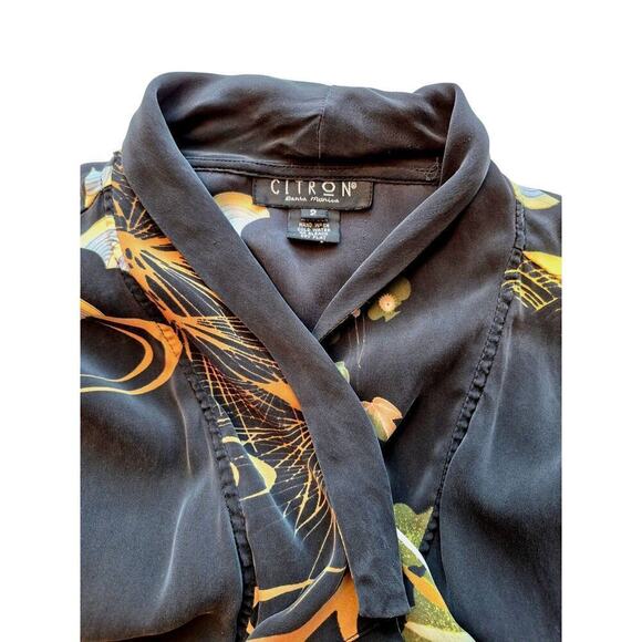 Citron Santa Monica 100% Silk Kimono Brushed Black yellow floral Border Print OS - Picture 3 of 8
